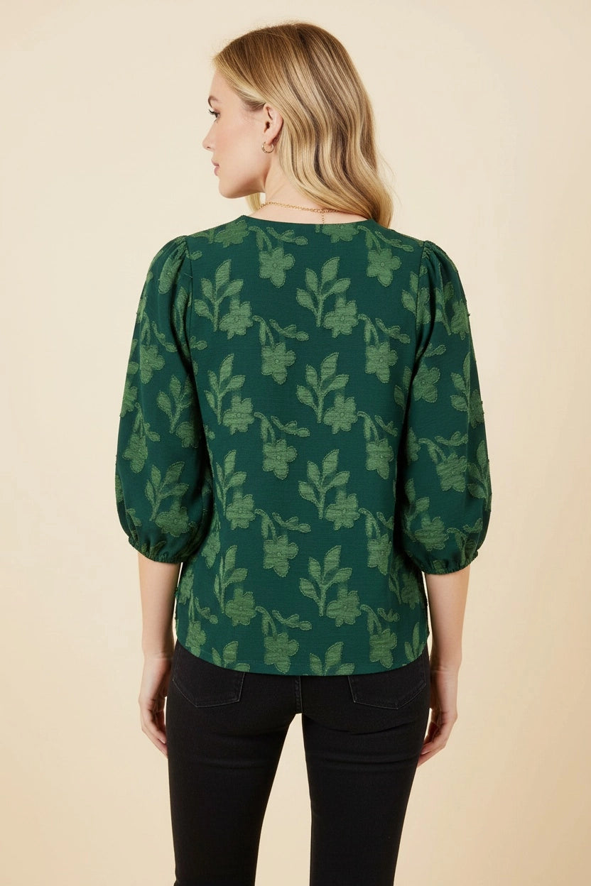 Textured Floral Puff Sleeve Split Neck Blouse