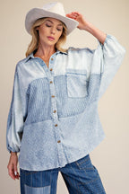 Mixed Print Washed Chambray Woven Shirt