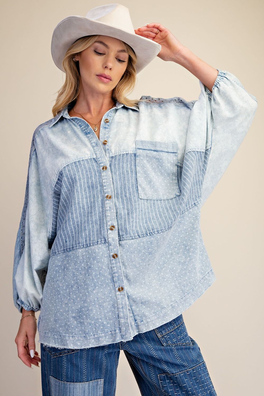 Mixed Print Washed Chambray Woven Shirt