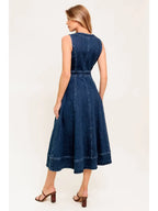 Washed Denim Full Zipper Midi Dress