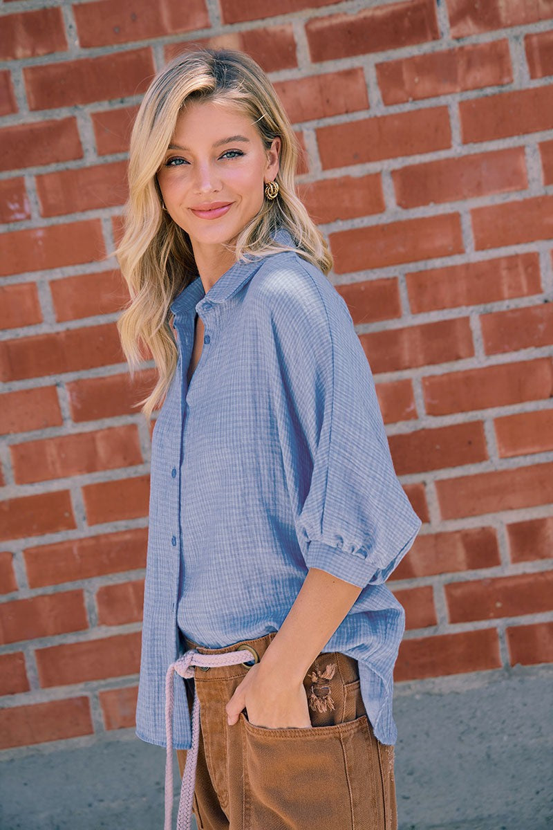 Denim Blue Gauze Oversized Button Down Shirt