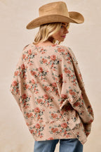 Floral Print Oversized Waffle Thermal Sweatshirt