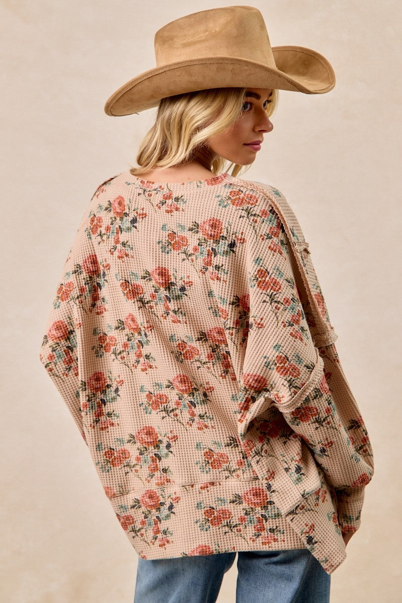 Floral Print Oversized Waffle Thermal Sweatshirt