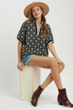 Jacquard Floral Textured Contrast Trim Pullover Top