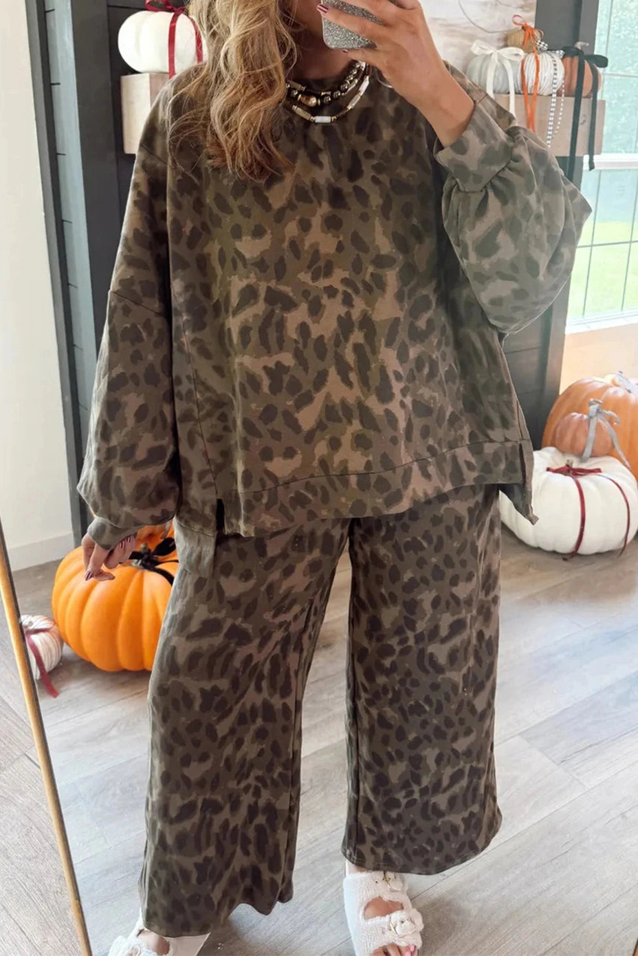 Brown Leopard Print Pullover Drawstring Set