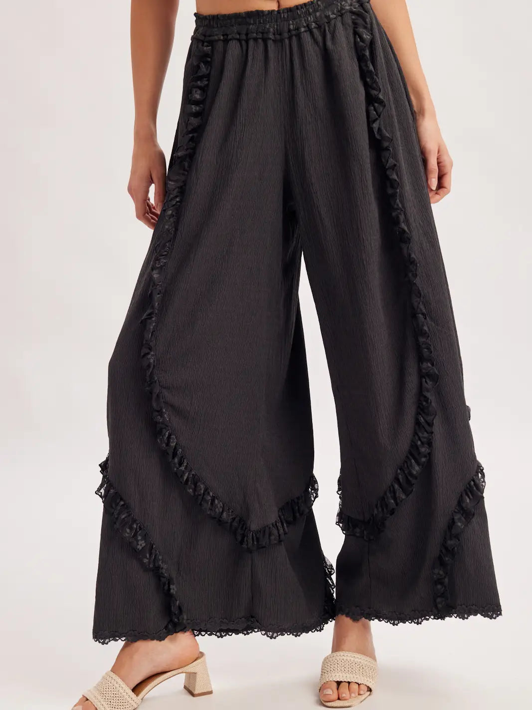 Boho Eyelet Lace Ruffle Trimmed Wide Pants