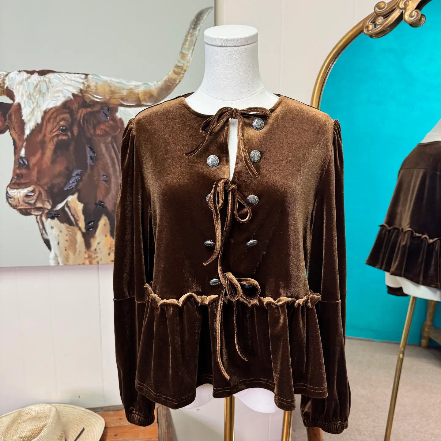 Brown Velvet Long Sleeve Peplum Top