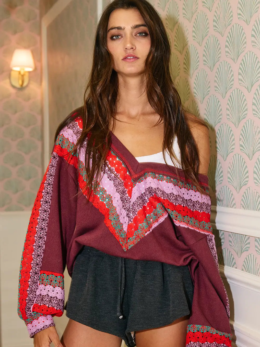 Crochet Lace Contrast Details Terry Top