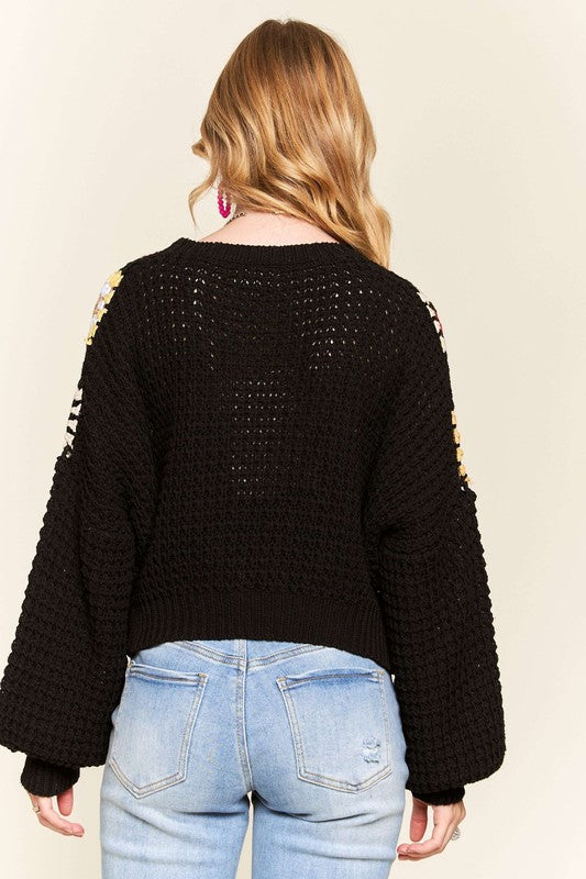 Long Puff Sleeves Crochet Crop Top
