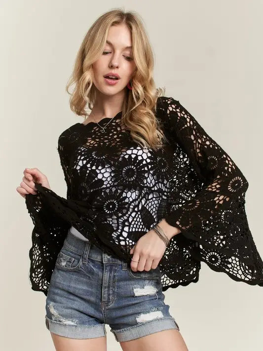 Bell Sleeve Crochet Top Blouse