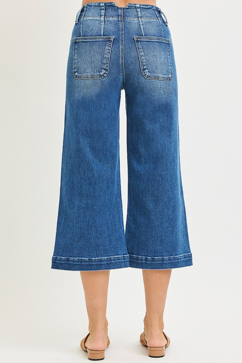 High Rise Crop Wide Double Button Detail Jeans