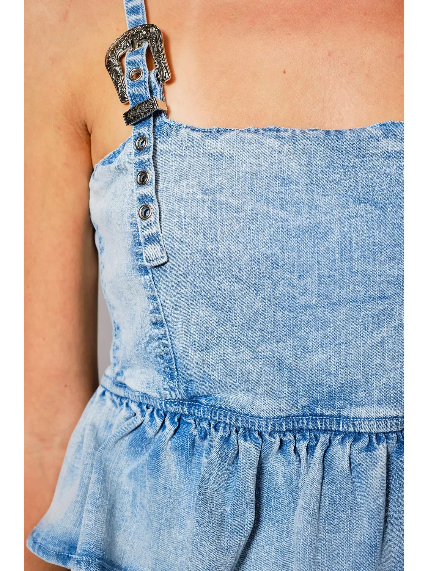 Western Buckle Denim Peplum Top