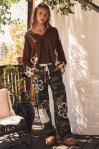 Patchwork Crochet Sleeve Waffle Knit Top