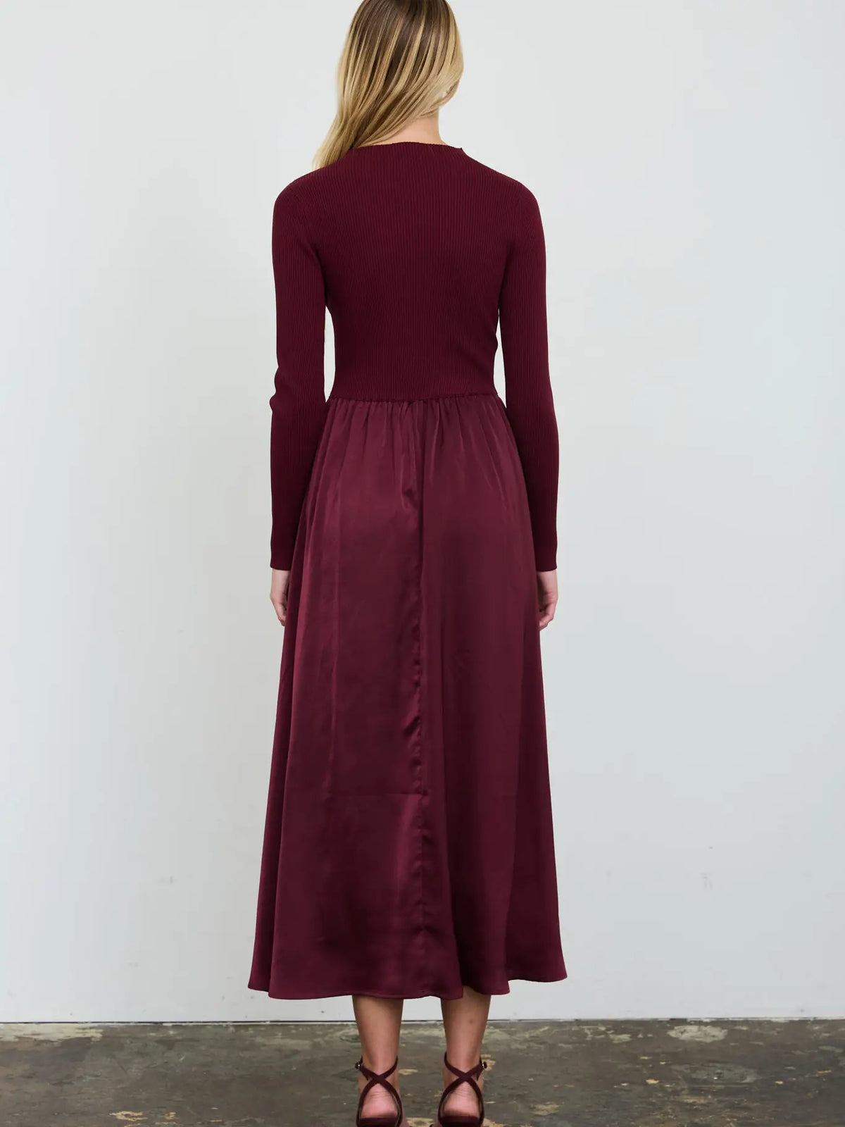 Ribbed Mock Neck Satin Twofer Midi Dress