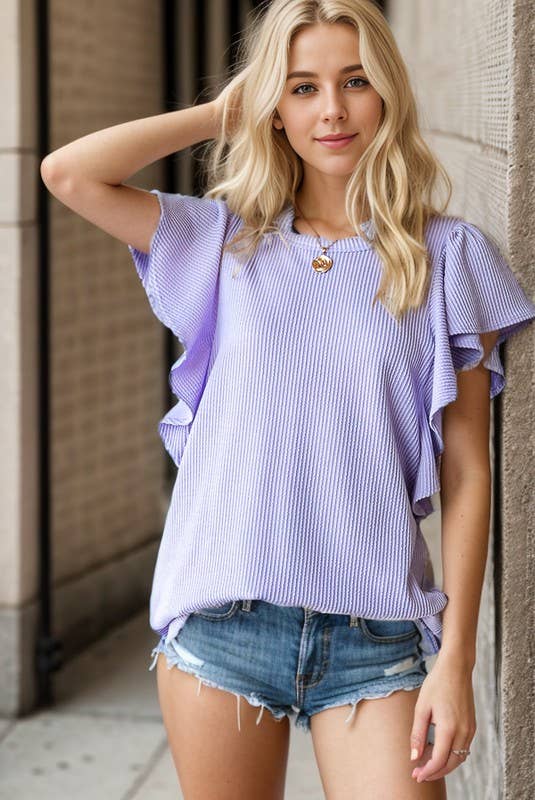 SHORT RUFFLED SLEEVE SOLID URBAN RIBBED TOP