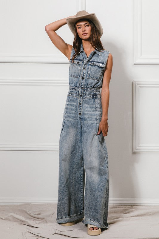 Button Down Denim Jumpsuit