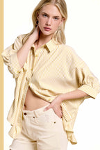 Relaxed Striped Button-Down 3/4 Sleeve Shirt