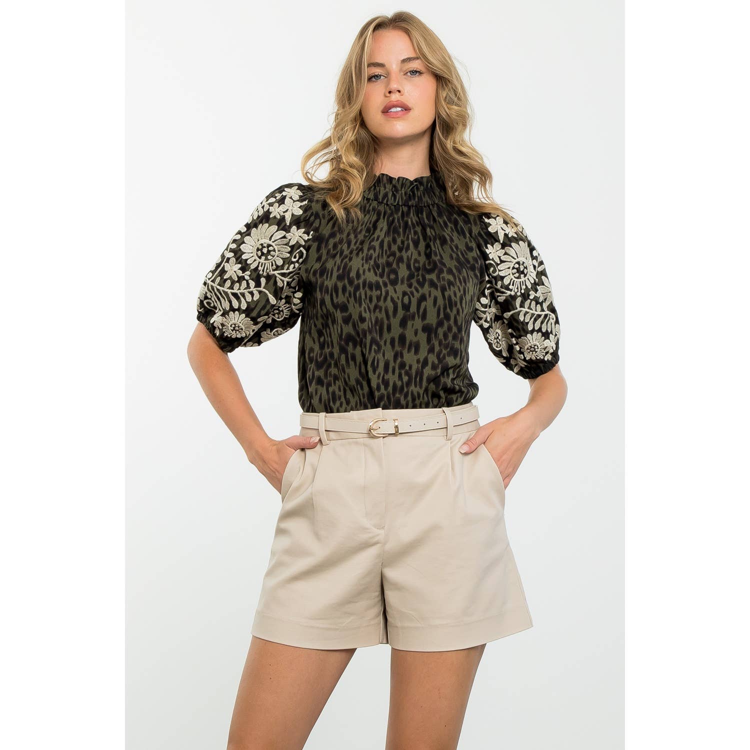 Embroidered Puff Sleeve Leopard Print Top