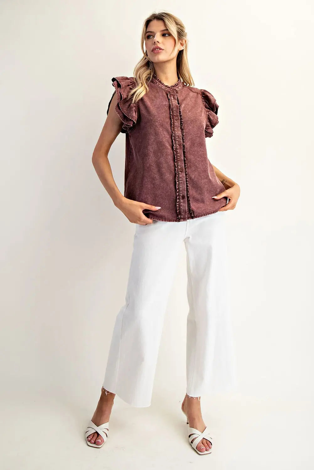 Washed Ruffle Trim Flutter Sleeve Blouse