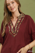 Leopard Trim Dolman Sleeve Blouse