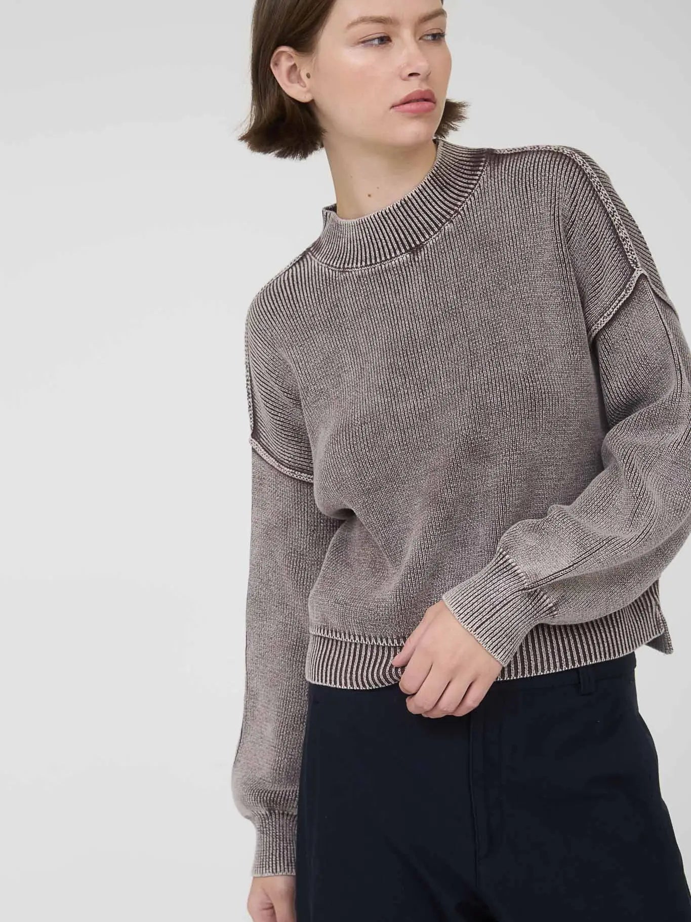 Washed Mock Neck Long Sleeve Pullover