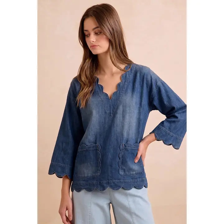 Washed Denim Scallop Pocket Three Quarter Sleeves Blouse