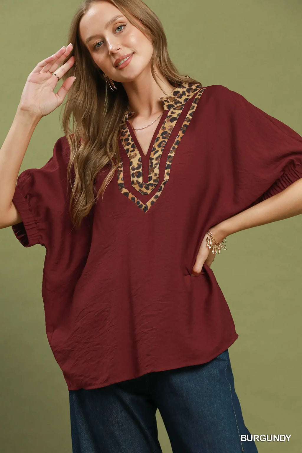 Leopard Trim Dolman Sleeve Blouse