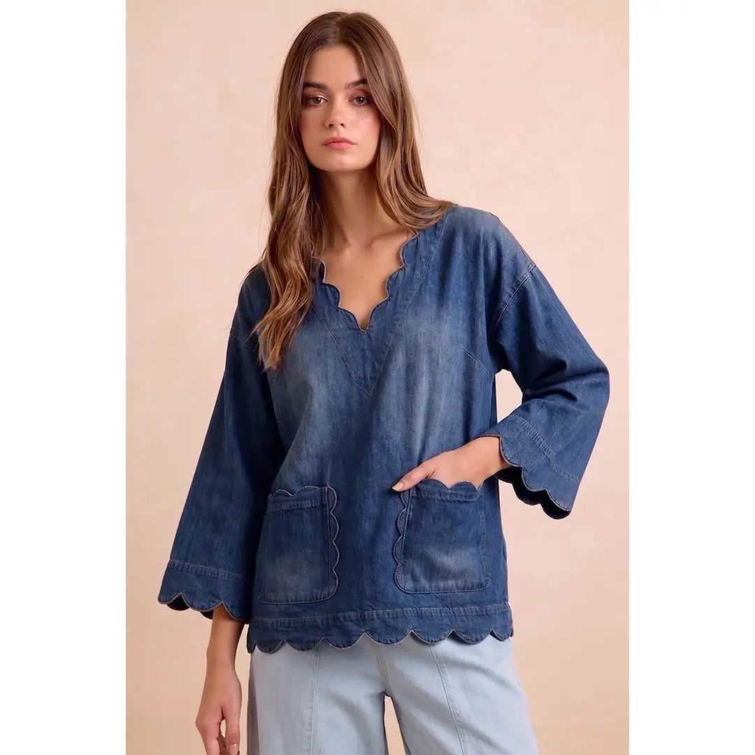 Washed Denim Scallop Pocket Three Quarter Sleeves Blouse