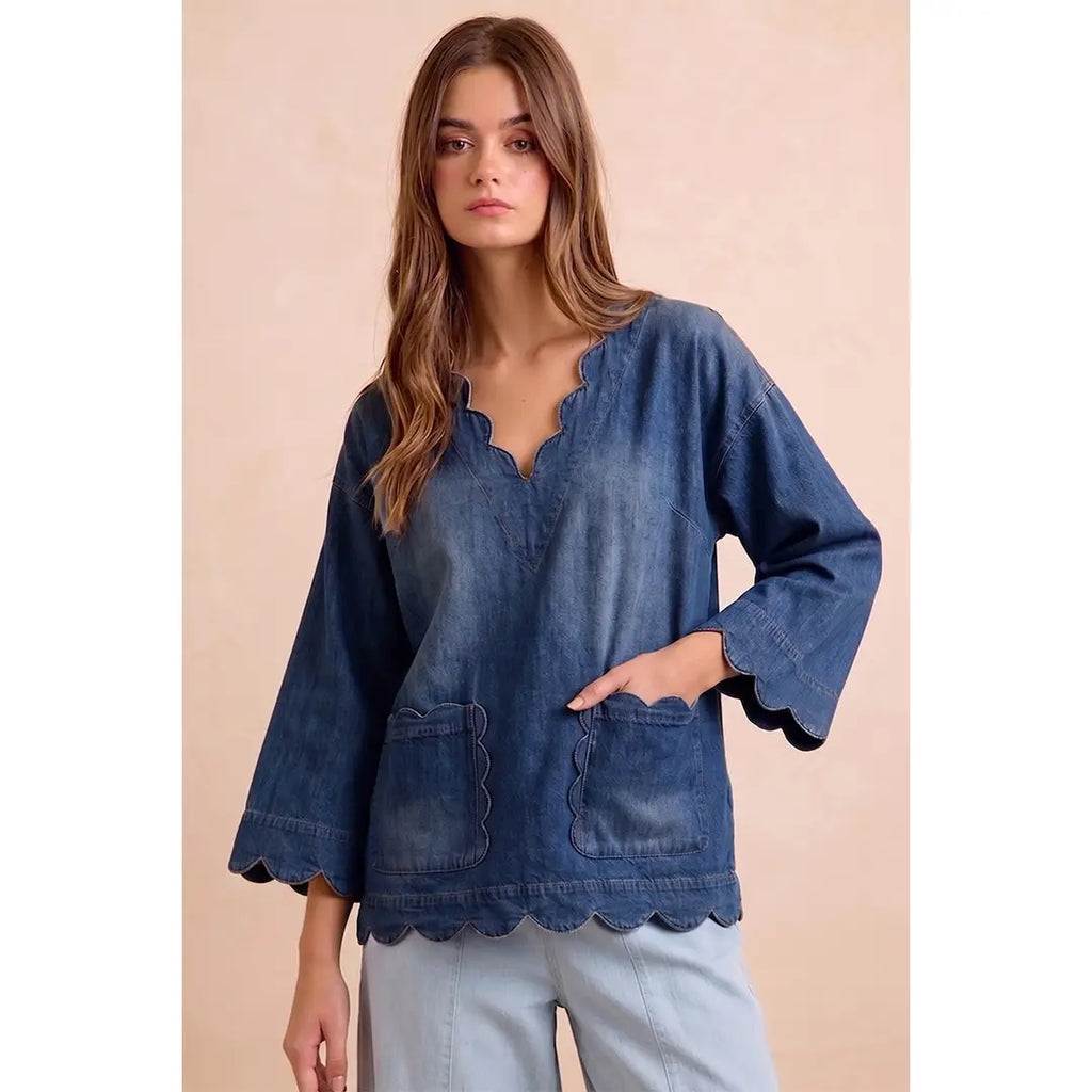 Washed Denim Scallop Pocket Three Quarter Sleeves Blouse