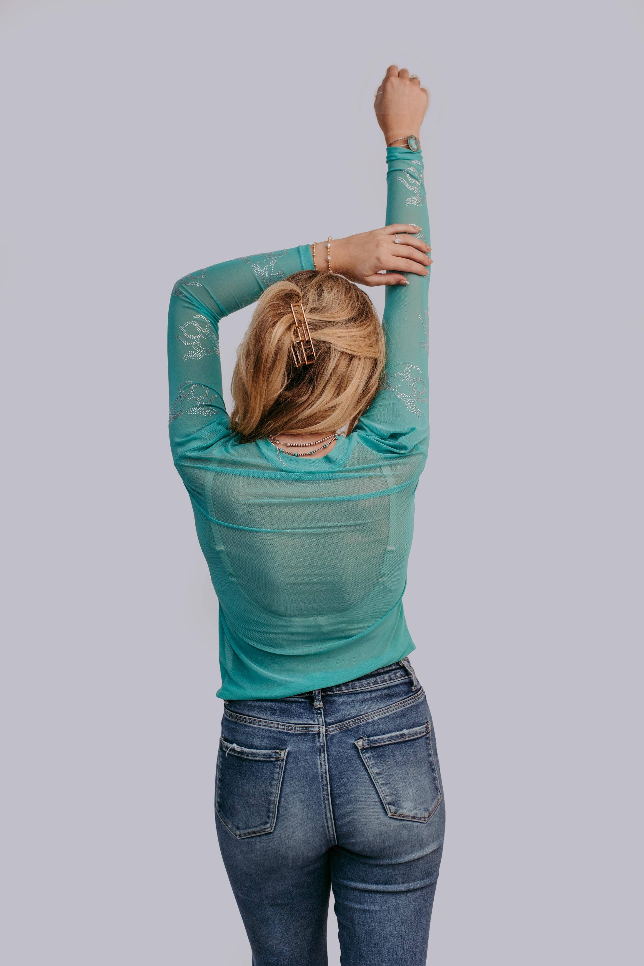 Rhinestone Embellished Mesh LS Top