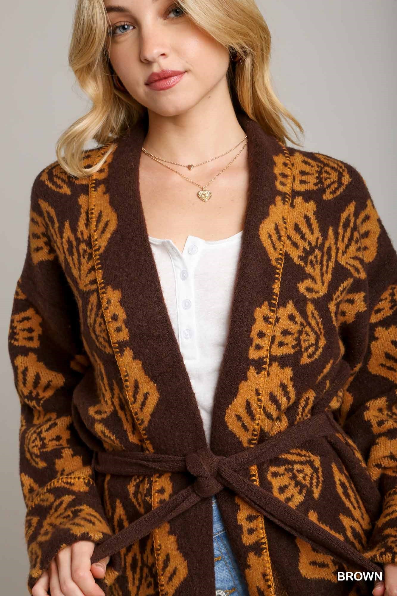 Jacquard Knit Sweater Cardigan with Belt