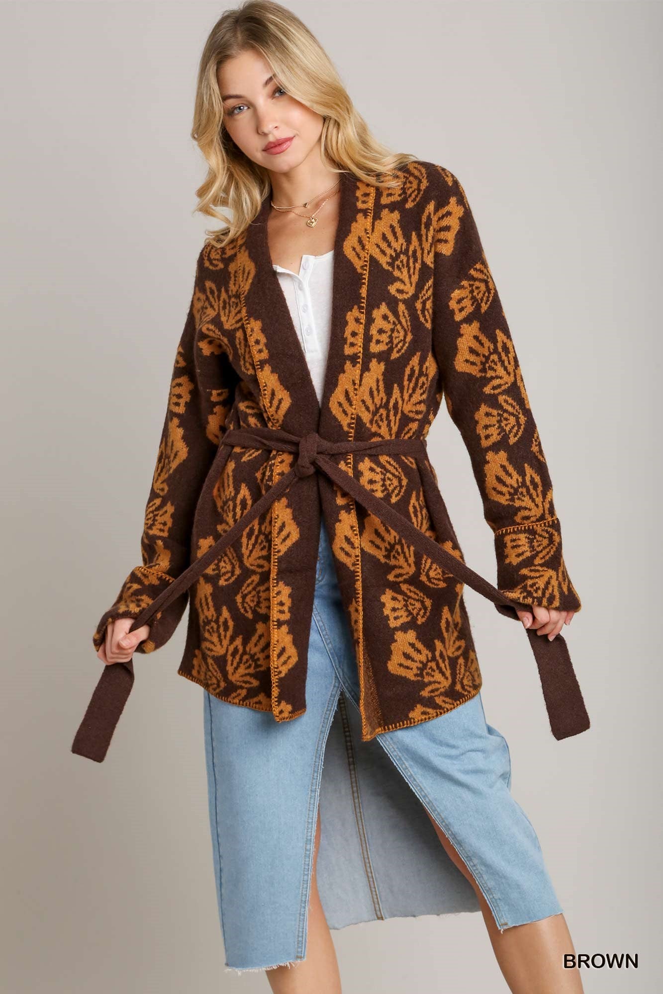 Jacquard Knit Sweater Cardigan with Belt