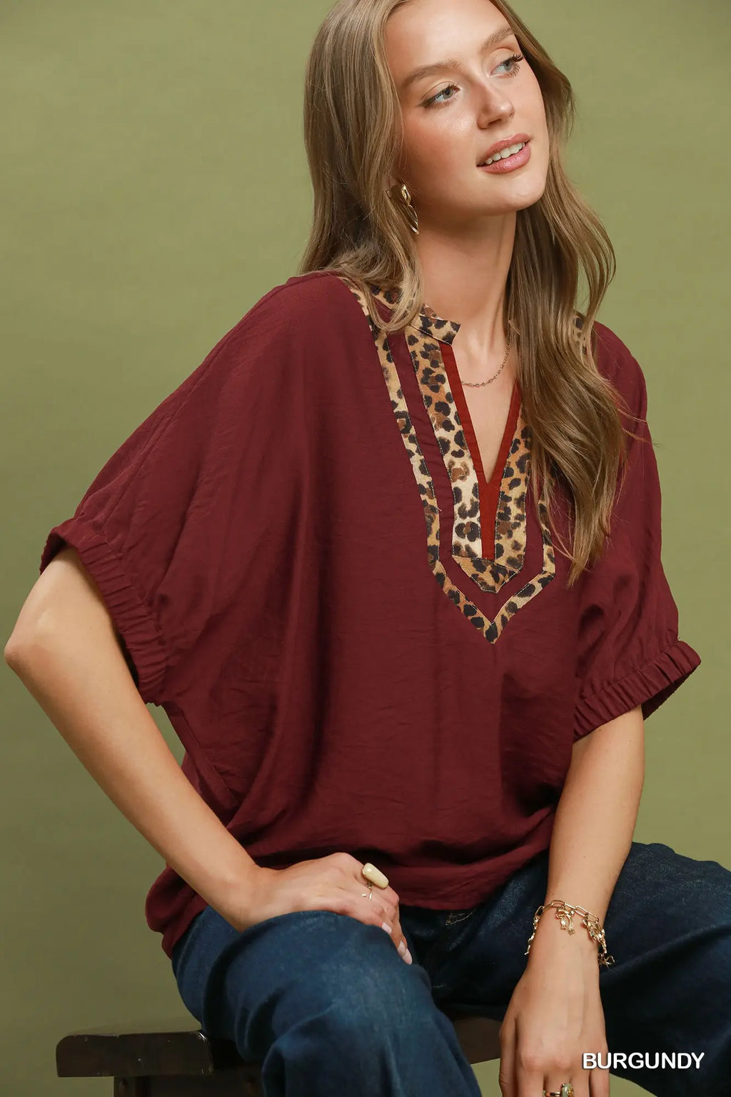 Leopard Trim Dolman Sleeve Blouse