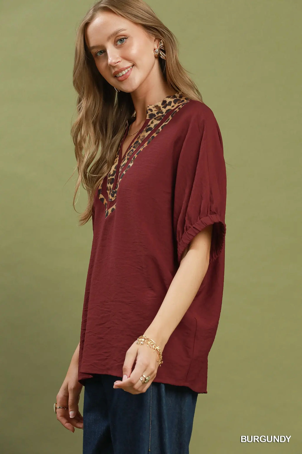Leopard Trim Dolman Sleeve Blouse