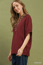 Leopard Trim Dolman Sleeve Blouse