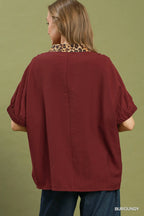Leopard Trim Dolman Sleeve Blouse