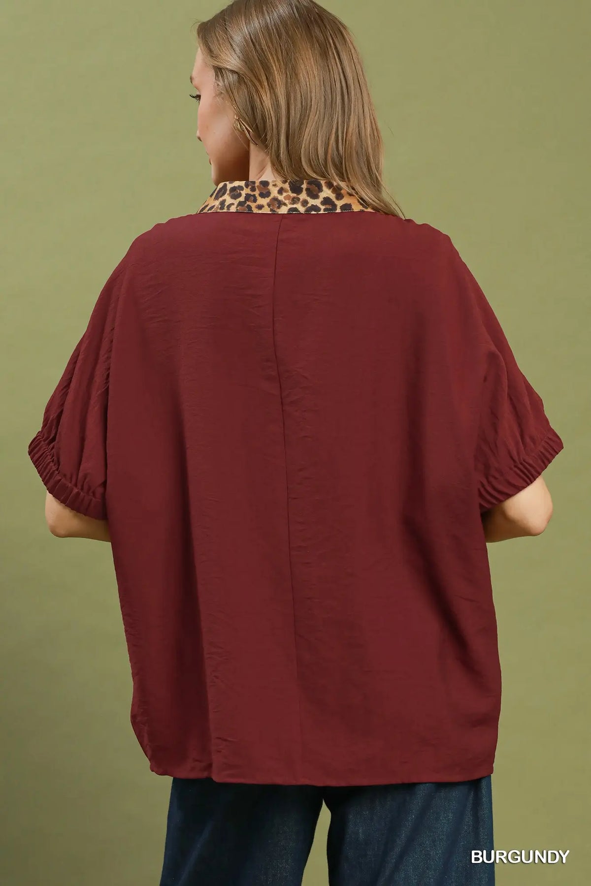 Leopard Trim Dolman Sleeve Blouse