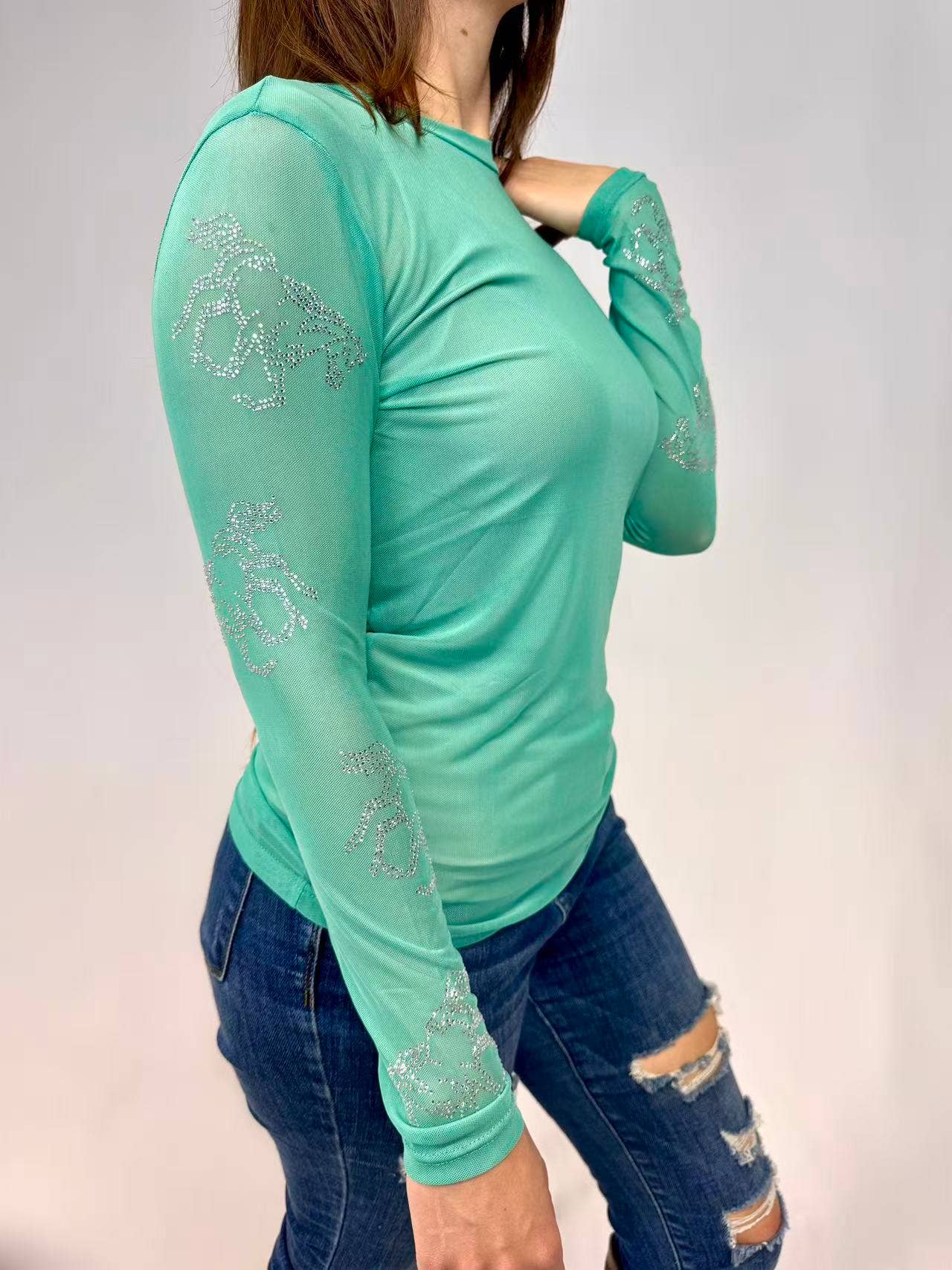 Rhinestone Embellished Mesh LS Top