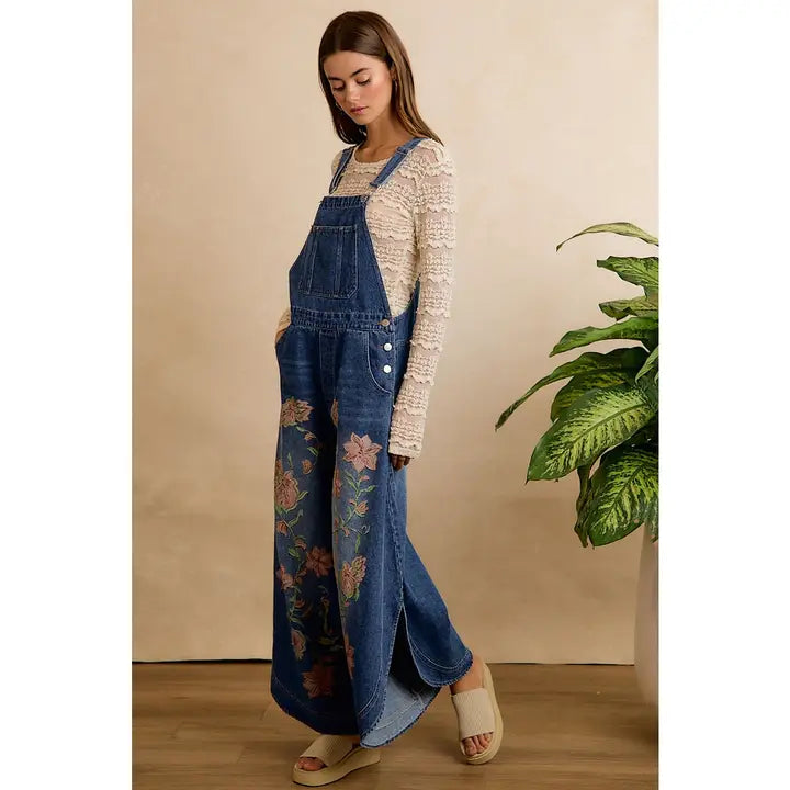 Floral Patchwork Denim Long Pant Overalls