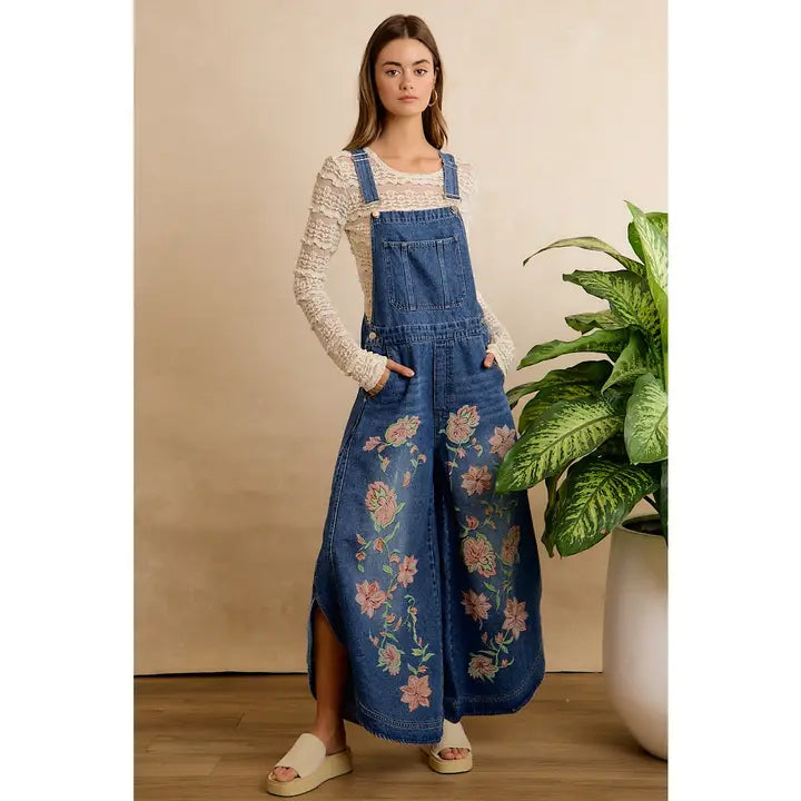 Floral Patchwork Denim Long Pant Overalls
