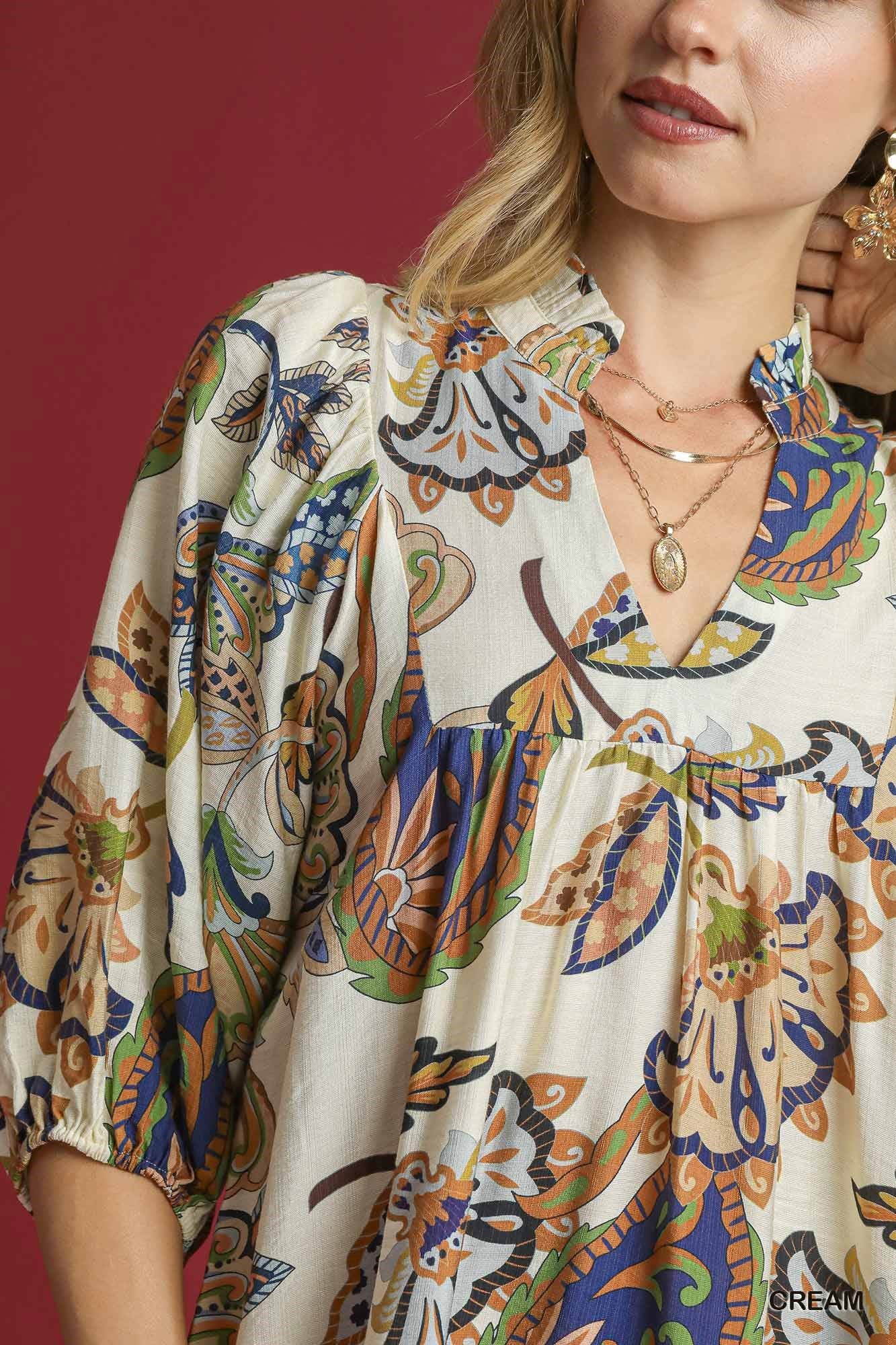 Abstract Print Puff Sleeve Babydoll Dress