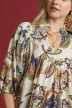 Abstract Print Puff Sleeve Babydoll Dress