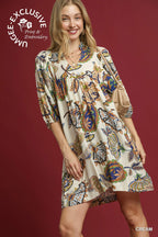 Abstract Print Puff Sleeve Babydoll Dress