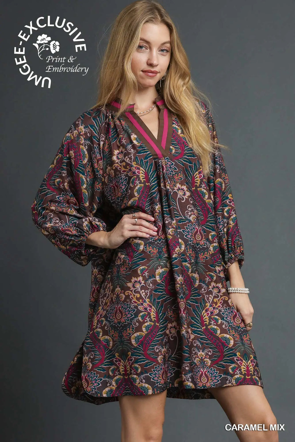 Floral Damask Print Collared Dress