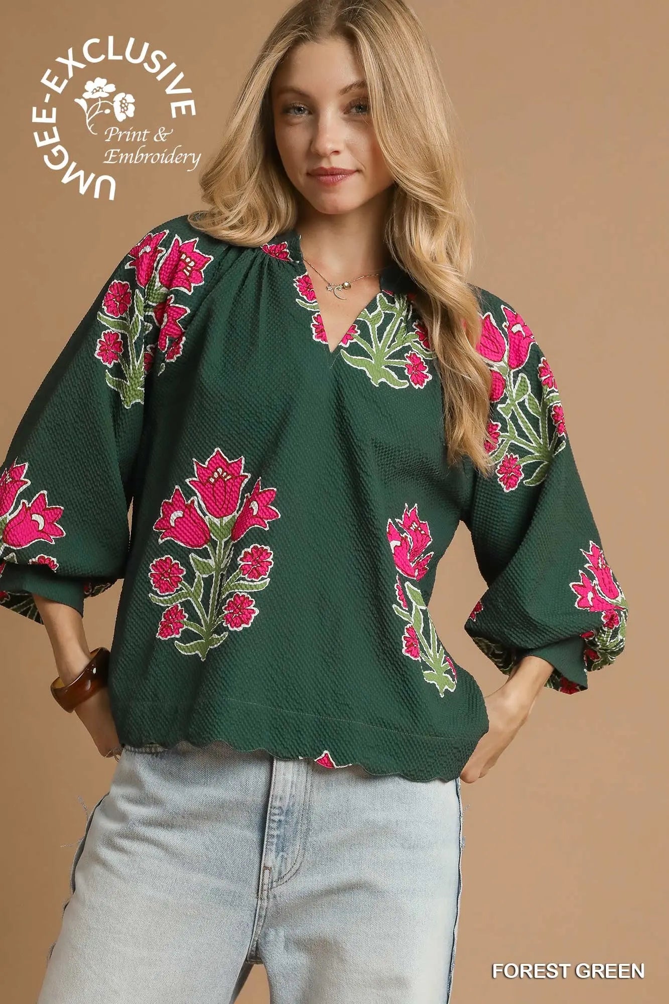 Bubble Sleeved Tulip Print Split V Neck Top