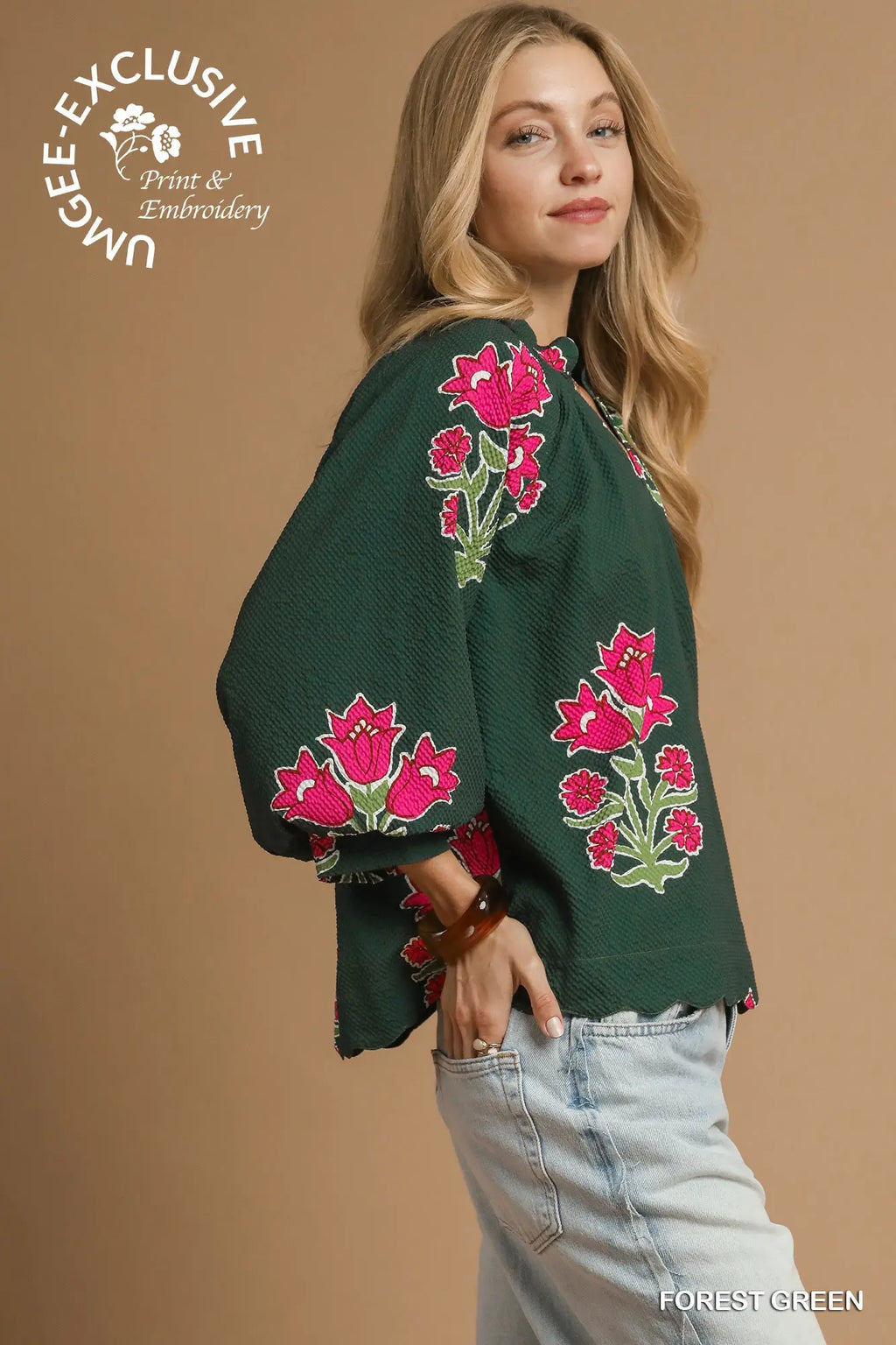 Bubble Sleeved Tulip Print Split V Neck Top