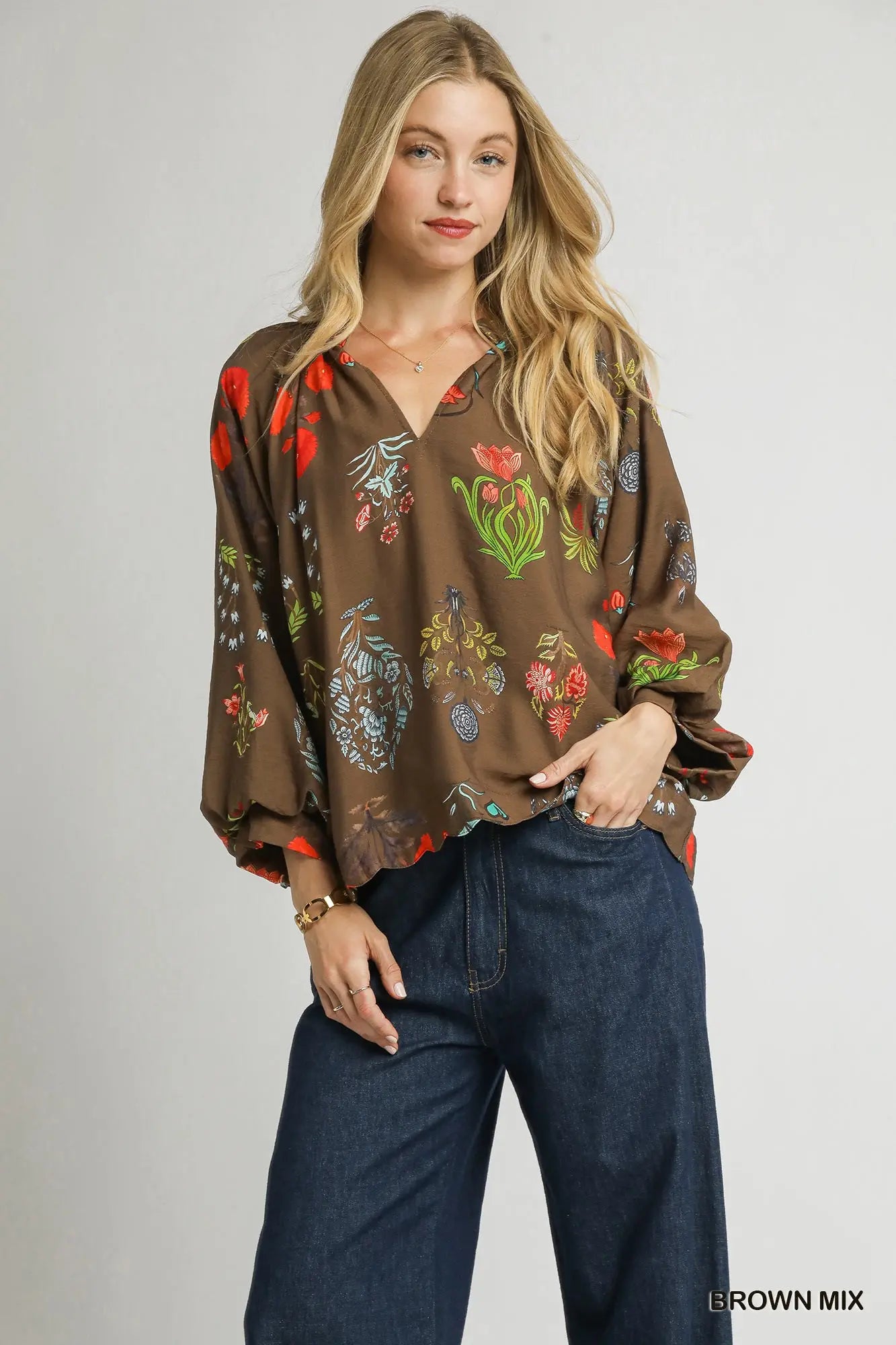 Split Neck Floral Print Blouse