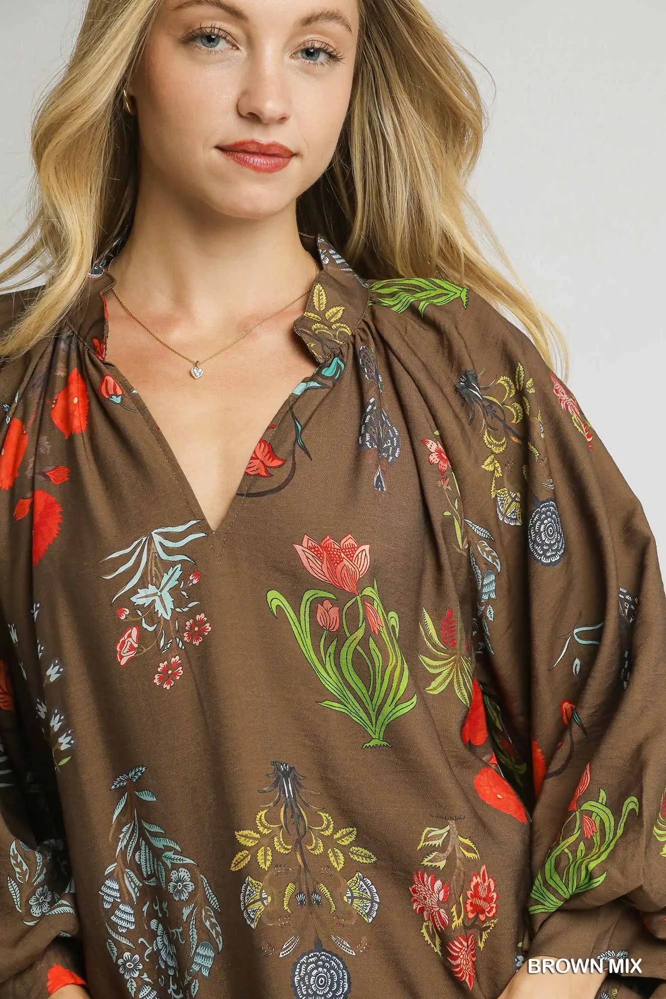 Split Neck Floral Print Blouse