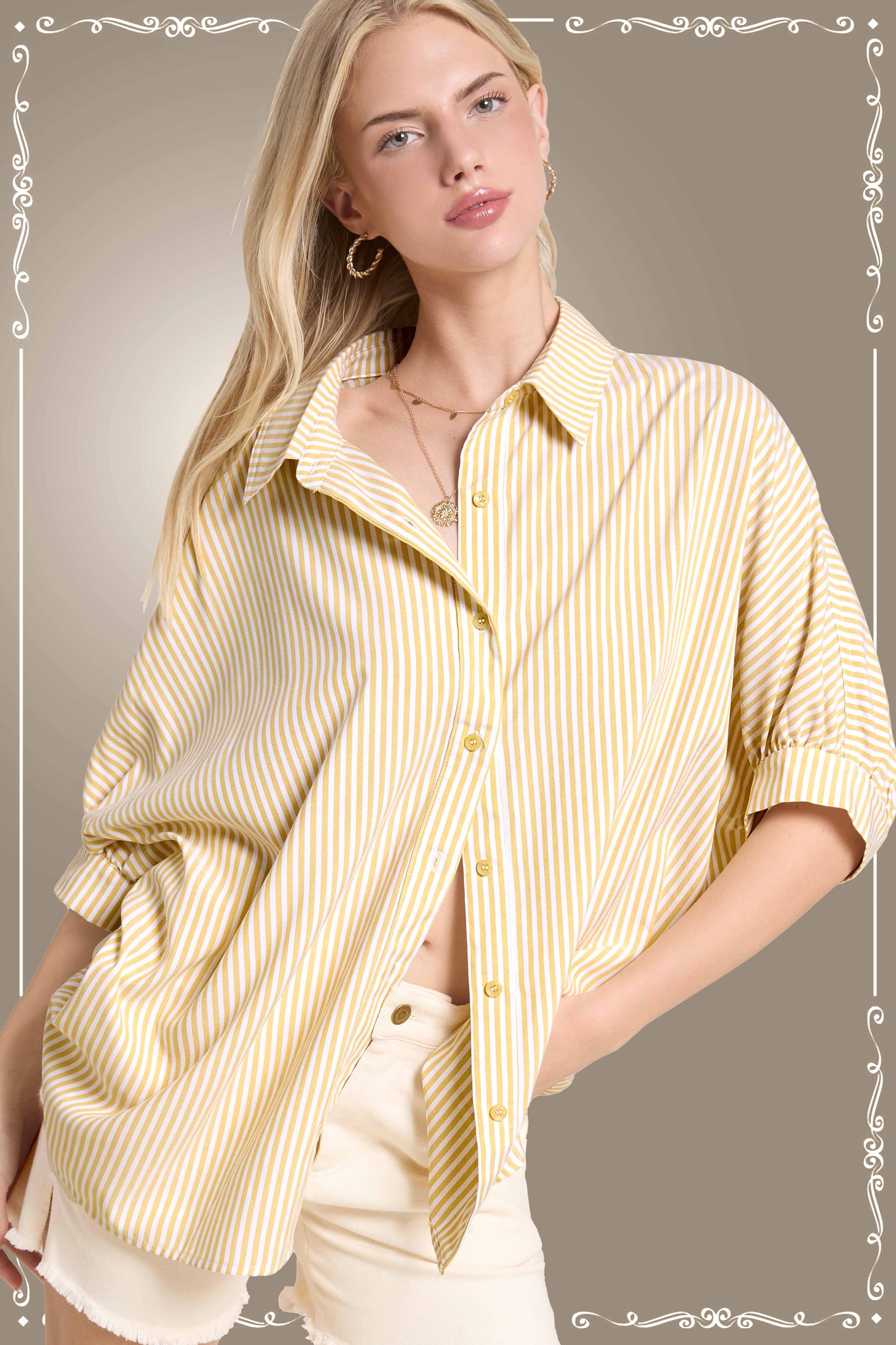 Relaxed Striped Button-Down 3/4 Sleeve Shirt