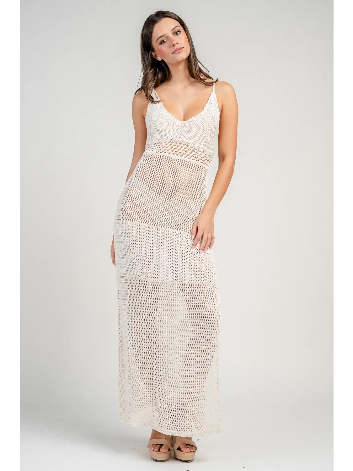 Deep V-Neck Knit Crochet Dress